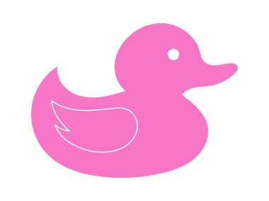 Beyaz arka planda izole edilmiş pembe plastik ördek. Çizgi film çizimi. Çocuk banyo oyuncakları, sevimli kuş, parlak sanat, ördek yavrusu kavramı. Simge, tasarım ögesi, çocuklar için oyuncu oyuncaklar.