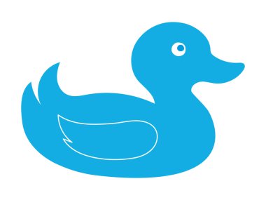 Mavi plastik ördek beyaz arka planda izole edilmiş. Çizgi film çizimi. Çocuk banyo oyuncakları, sevimli kuş, parlak sanat, ördek yavrusu kavramı. Simge, tasarım ögesi, çocuklar için oyuncu oyuncaklar.