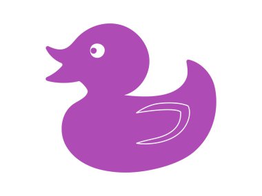 Mor plastik ördek beyaz arka planda izole edilmiş. Çizgi film çizimi. Çocuk banyo oyuncakları, sevimli kuş, parlak sanat, ördek yavrusu kavramı. Simge, tasarım ögesi, çocuklar için oyuncu oyuncaklar.