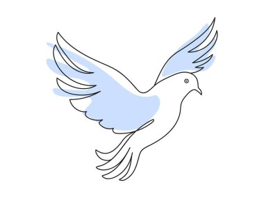 Açık Mavi Aksanlı Minimalist Güvercin Çizgisi Sanatı. Sürekli bir çizgi çiziyor. Uçan güvercin. Barış, özgürlük, umut kavramı. Beyaz arka planda izole edilmiş. Tasarım ögesi, Simge, Yazdır.