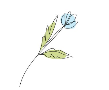 Beyaz arka planda yeşil yapraklı pembe çiçeğin sürekli çizimi. Çizgi çalışması. Doğa, ekoloji, organik şekiller, çiçek tasarımı, botanik sanatı, doğal güzellik. Tasarım ögesi.