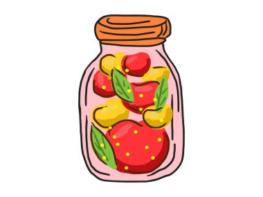 Cam kavanozda renkli reçel, beyaz arka planda meyveler ve meyveler var. Meyve koruma kavramı, ev yapımı ikramlar, doğal malzemeler, konserve konserveler. Canlı Elle Çizilmiş Çizim.