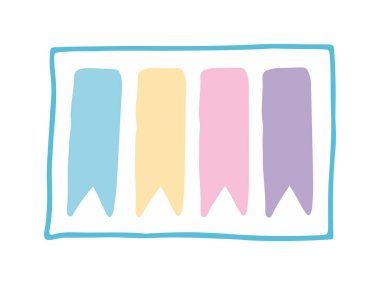 Dikdörtgen bir çerçeveye dizilmiş pastel renkli yapışkan sekmelerin minimalist çizimi. Beyaz arka planda izole edilmiş. Okul malzemeleri, ofis organizasyonu, kırtasiye malzemeleri. Tasarım Elemanı.