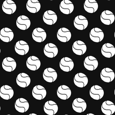 Beyaz Tenis Toplarının kusursuz deseni Siyah Arka plan 'da izole edildi. Spor Malzemeleri Konsepti, Oyun Aksesuarları, Atletik Tasarım, Minimalist Stil. Duvar kağıdı, baskılar, kumaş, ambalaj kağıdı için.