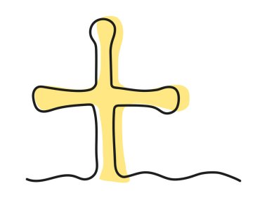 Beyaz arka planda izole edilmiş altın bir haçın kesintisiz bir çizgisi. Soyut Çizgi Sanatı. Paskalya kavramı, Hristiyan sembolü, inanç, maneviyat, din, cenaze. Tasarım ögesi, simge, yazdırma.