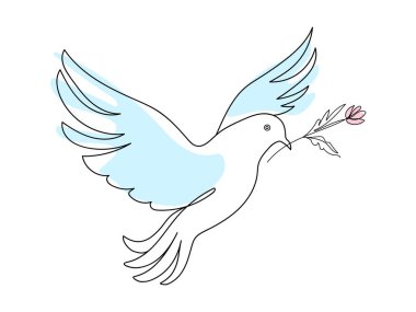 Beyaz arka planda pembe çiçekli bir güvercin çizimi devam ediyor. Barış güvercini. Çizgi çalışması. Özgürlük, Umut, Barış Sembolü, Tasarım Ögesi, Simge, Yazdırma.