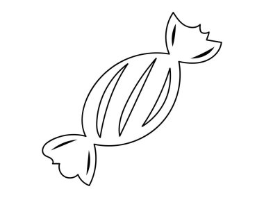 Beyaz arka planda izole edilmiş siyah bir şekerin ana hatları. Tatlılar, şekerlemeler, tatlı, minimalist tasarım, çizimler. Yazdırma, simge, tasarım ögesi, renklendirme sayfası.