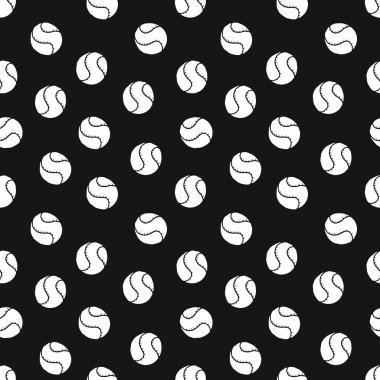 Beyaz Tenis Toplarının kusursuz deseni Siyah Arka plan 'da izole edildi. Spor Malzemeleri Konsepti, Oyun Aksesuarları, Atletik Tasarım, Minimalist Stil. Yazdırma, Duvar Kağıdı, Kumaş, Paket Kağıdı.