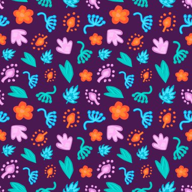 Koyu Mor Arkaplan 'da Renkli Çiçek ve Yapraksız Desen. Doğa İllüstrasyonu, Botanik Elementler, Parlak Çiçekler, Canlı Yapraklar. Kumaş, Duvar Kağıdı veya Paket Kağıdı Tasarımı.