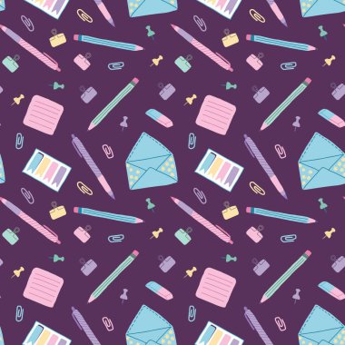 Koyu Mor Arkaplan 'da Renkli Okul Malzemeleri Kusursuz Şablon. Eğitim, Kırtasiye, Yaratıcı Tasarım, Okula Dönüş. Kumaş, Duvar Kağıdı veya Paket Kağıdı İçin Kusursuz Tasarım.