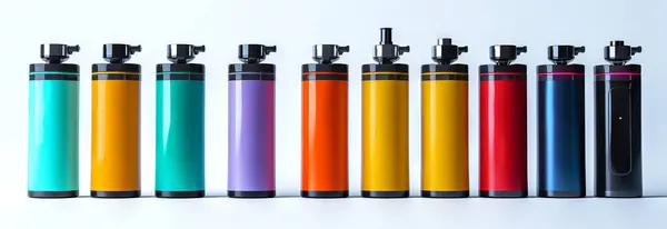 Çeşitli Tasarım ve Renklerle Bir Satırda Gösterilen Çeşitli Vapes. Modern Sigara Alternatifleri, Çeşitli Vape Stili ve Çağdaş Kişiselleştirme kavramı. Beyaz arka plan. Pankart.