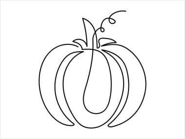 Beyaz arka planda izole edilmiş tek bir çizgi ile çizilmiş balkabağı çizgisi sanatı. Minimalizm, sonbahar hasadı, Cadılar Bayramı süslemesi, Şükran Günü ve basit botanik sanatı kavramı..