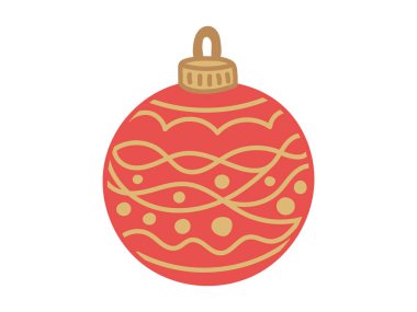 Beyaz arka planda izole edilmiş karmaşık desenli kırmızı ve altın bir Noel balosu. Tatil dekorasyonu, şenlikli kış tasarımı, geleneksel Noel süsü, minimalist stil, klasik stil.