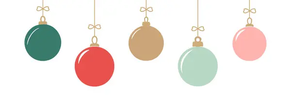 Çeşitli renklerde beş tane minimalist Noel süsü - yeşil, kırmızı, altın, nane ve beyaz arka planda izole edilmiş küçük papyonlar. Tatil dekorasyonu, Noel Baloları.