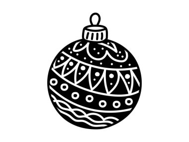 Beyaz arka planda izole edilmiş karmaşık desenli siyah beyaz Noel balosu. Tatil dekorasyonu, şenlikli kış tasarımı, geleneksel Noel süsü, minimalist stil, el işi şablonu.