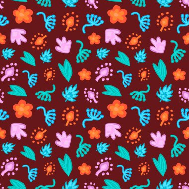 Kızıl Arkaplanda Renkli Çiçek ve Yapraksız Desen. Doğa İllüstrasyonu, Botanik Elementler, Parlak Çiçekler, Canlı Yapraklar. Kumaş, Duvar Kağıdı veya Paket Kağıdı Tasarımı.