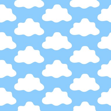 Açık Mavi Arkaplanda Beyaz Bulutları tekrarlayan kusursuz desen. Hava Tasarımı Konsepti, Gökyüzü elementleri, Rüya Atmosfer, Çocuklar Duvar Kağıdı, Tuhaf Dekorasyon. Yazdır, Tasarım, Doku.
