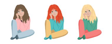 Melankoli ve Depresyonda Oturan Üzgün ve Düşünceli Kadınlar. Farklı Saç Renkleri Olan Genç Kadınlar Koleksiyonu Yalnız Hissediyor. Zihinsel Sağlık Duygusal Sıkıntı Yalnızlığı. Beyaz arkaplan.
