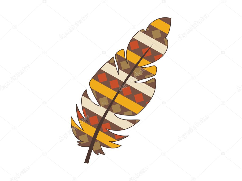 Colorful Bohemian Feather Illustration with Ethnic Patterns isolated White Background. Concept of Nature Art, Tribal Design, Boho, Graphic Ornament for Decoration and Print, Bird Feather.