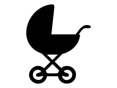 Beyaz arka planda izole edilmiş siyah bebek arabası silueti, vektör çizimi. Bebek arabası, bebek arabası, bebek arabası, grafik tasarım unsuru, logo, simge.