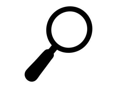 Beyaz arka planda izole edilmiş büyüteç simgesinin siyah silueti, vektör illüstrasyonu. Arama aracı kavramı, yakınlaştırma sembolü, keşif işareti, düz tasarım ögesi.