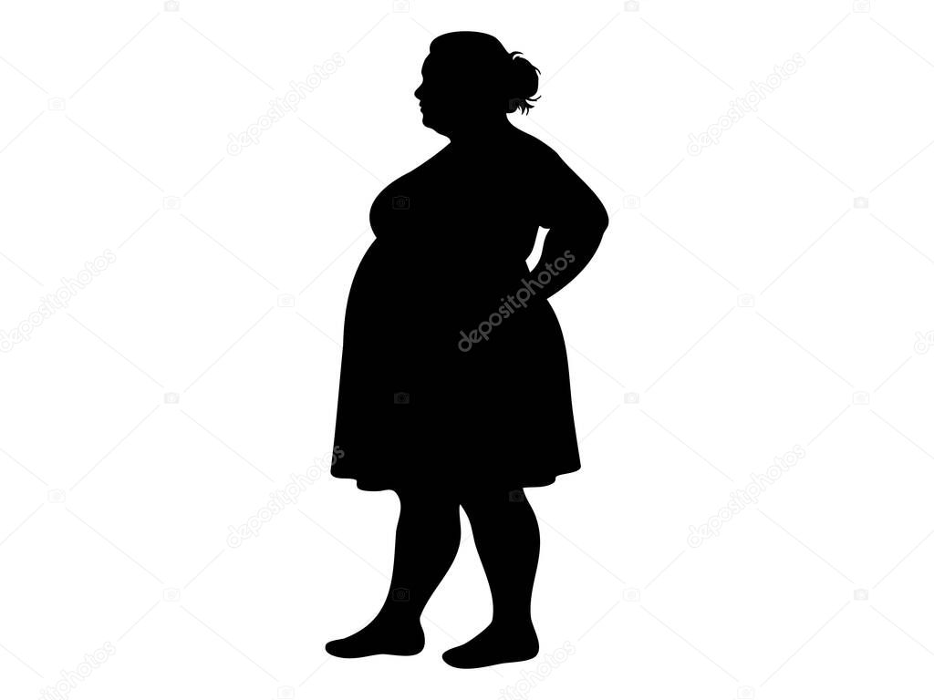 Black silhouette of a plus size middle aged woman in profile standing pose, isolated on white background, vector illustration. concept of female, person, icon, logo, graphic design element.