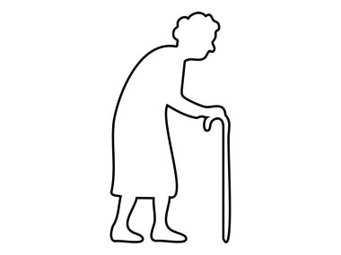 Beyaz arka planda siyah çizgili çizgili yaşlı bir kadın, vektör. Yaşlı kadın konsepti, yaşlanma, sağlık hizmetleri, hareketlilik yardımı, grafik tasarım unsuru.