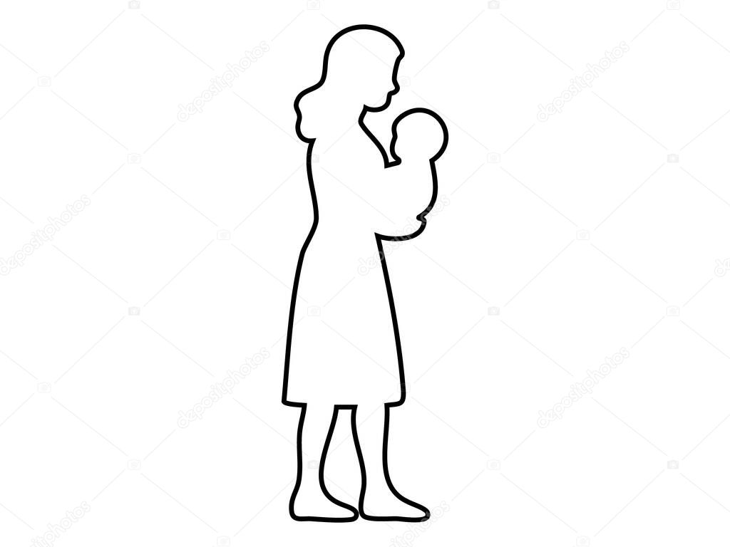 Black outline of woman holding baby, isolated on white background, vector illustration. concept of motherhood, maternity, parenthood, icon, logo, family bond, graphic design element, mother and child.
