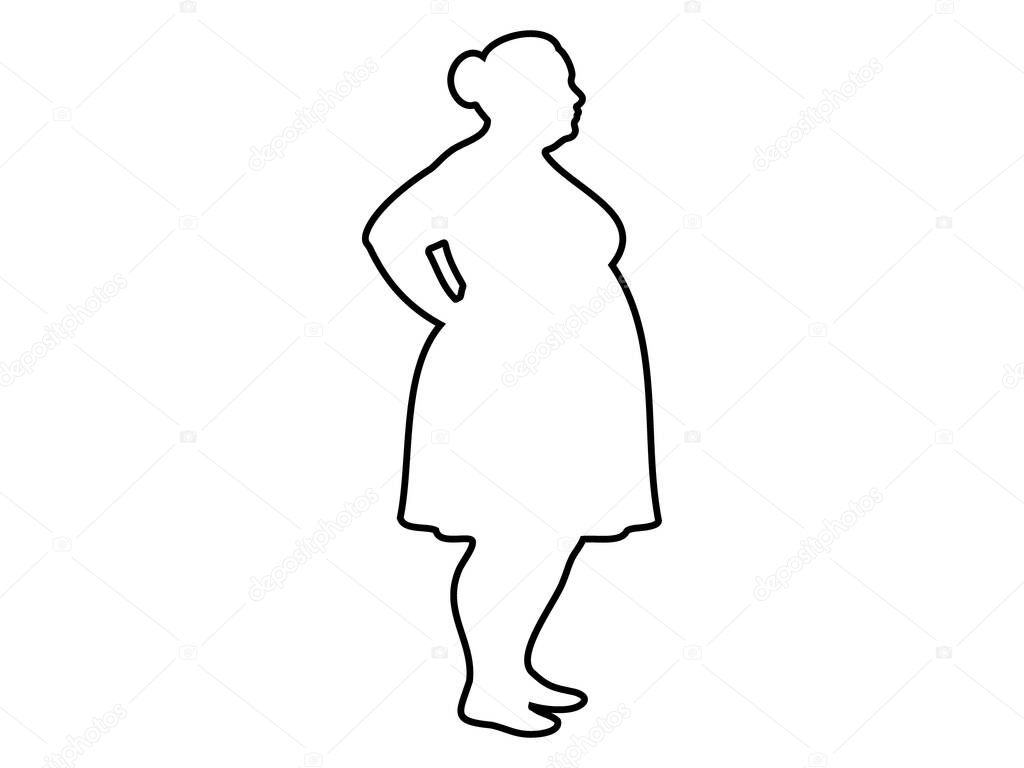 Black outline of a plus size middle aged woman with hands on hips, isolated on white background, vector illustration. concept of icon, silhouette, female human figure, graphic design element.