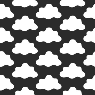 Siyah arkaplan tasarımında kusursuz beyaz bulut deseni. Soyut Gök Kavramı, Minimalist Stil, Geometrik Tekrarlama, Modern Sanat, Dekoratif Çağdaş Grafik. Yazdırma Tasarımı, Tekstil.
