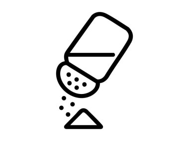 Beyaz arka planda izole edilmiş granülleri olan siyah ana hatlı tuzluk ikonu. Baharat, mutfak gereçleri, yemek malzemesi, yemek hazırlama sembolü, simge, logo, tasarım elementi kavramı.