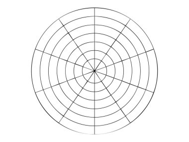 Beyaz zemin üzerinde eşmerkezli daireler ve radyal çizgiler olan siyah çizgili radar şeması. veri görselleştirme, hedef diyagramı, analiz ızgarası, dairesel çizelge düzeni, dairesel hedef.