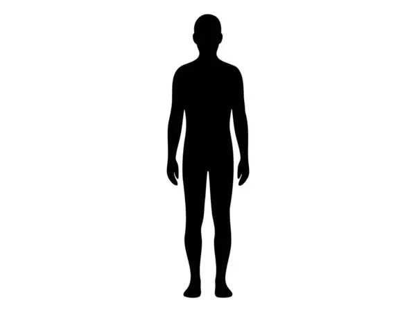 Beyaz arka planda izole edilmiş, ayakta duran yetişkin bakış açısının en az siyah siluet simgesi. İnsan vücudu şekli, anatomi figürü, genel erkek sembolü, tıbbi diyagram.