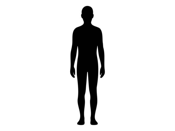 Minimal black silhouette icon of standing adult man front view isolated on white background. Concept of human body shape, anatomy figure, generic male symbol, medical diagram.