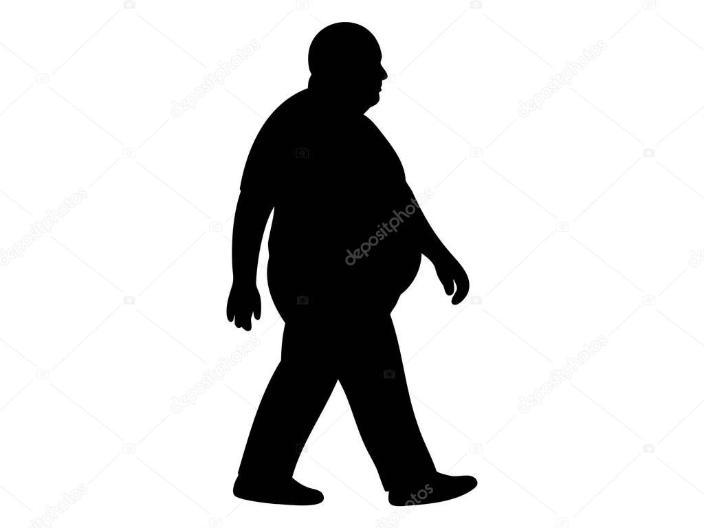 Black silhouette icon of overweight middle aged man walking isolated on white background. Concept of aging, mature adult male, body diversity, human figure, design element, minimalist style, motion.