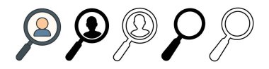 Beyaz arka planda izole edilmiş, siluet portreler ve ana hatlar, vektör illüstrasyonları içeren büyüteç simgeleri. Arama, araştırma, avatar, profil, çevrimiçi kimlik kavramı.