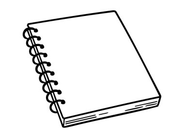 Beyaz arkaplanda izole edilmiş, siyah beyaz çizgili, sarmal çizgili bir defter. Ofis malzemeleri konsepti, not alma, günlük tutma, kırtasiye, tasarım ögesi.