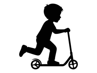 Beyaz arka planda izole edilmiş, tekmeli scooter kullanan siyah bir çocuk silueti, grafik çizim. Çocuk konsepti, açık hava oyunu, çocukluk macerası, eğlence, aktif yaşam tarzı.