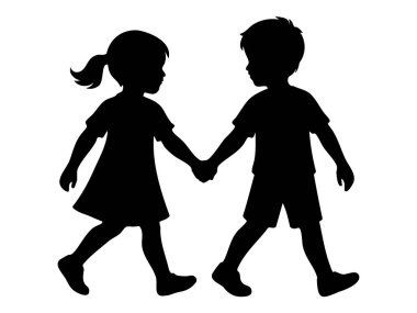 Siyah siluet, kız ve erkeğin el ele tutuşması, beyaz arka planda izole edilmiş, resimli. Çocukluk konsepti, arkadaşlık, masumiyet, yürüyen çocuklar, en iyi arkadaşlar.