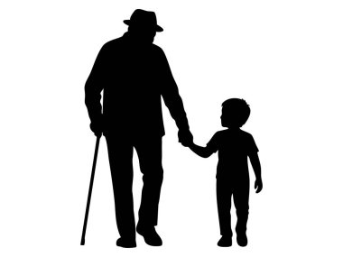 Siyah silueti, bastonlu yaşlı bir adamın beyaz arka planda izole edilmiş, el ele tutuşan bir çocukla yürümesi. Aile kavramı, nesiller boyu, bağ, bakım, büyükbaba ve torun.
