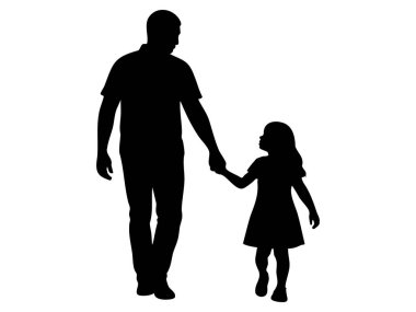 Beyaz arka planda izole edilmiş bir kızla el ele tutuşan bir adamın siyah silueti. Babalık kavramı, aile bağı, ebeveynlik, çocukluk, aşk, tasarım unsuru, baba ve kız.