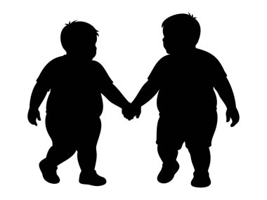 Siyah Siluet, beyaz arka planda el ele yürüyen iki kilolu çocuk. Çocukluk, arkadaşlık, birliktelik, çocuklar, bağlanma, yürüyen çocuklar, en iyi arkadaşlar.
