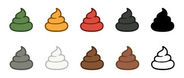 Beyaz arka planda izole edilmiş çeşitli tonlarda renkli kaka simgeleri. Komik tasarım, kaka, dışkı, eğlenceli öğeler, yaratıcı projeler için oyuncu simgeler, grafik illüstrasyon, koleksiyon.