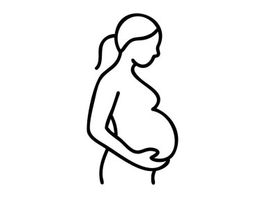 Siyah hatlı hamile kadın, beyaz arka planda izole edilmiş, siyah beyaz çizim. Annelik konsepti, annelik, anne, kadın silueti, tasarım unsuru.