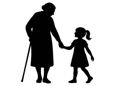 Siyah siluet, beyaz arka planda izole edilmiş, dokunaklı bir yerde, çocuk kızın elini tutan yaşlı bir kadın. Aile kavramı, nesiller boyu sevgi, ilgi, büyükanne ve torun, kaynaşma..