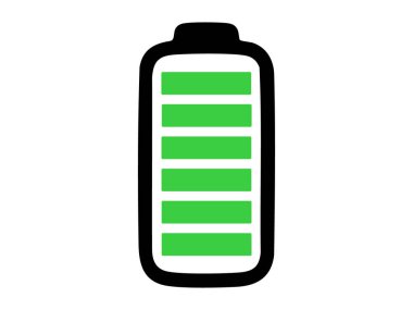 Tam şarj seviyesine sahip siyah ve yeşil pil simgesi, beyaz arkaplanda izole edilmiş, dijital grafik çizimi. Enerji, güç, yenilenebilir kaynaklar, elektronik cihazlar, teknoloji tasarımı kavramı.