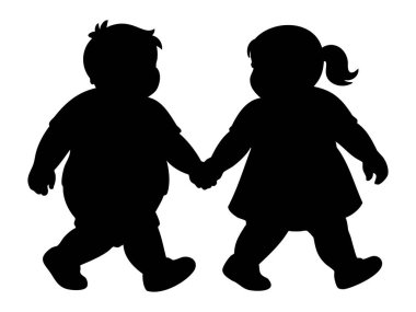 Siyah siluet, şişman erkek ve kızın el ele tutuşması, birlikte yürümeleri, beyaz arka planda izole edilmiş, grafik çizimi. Çocukluk konsepti, arkadaşlık, yürüyen çocuklar, en iyi arkadaşlar.