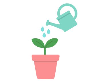 Düz sulama ikonu, beyaz arka planda izole edilmiş çiçek saksısındaki genç bitkinin üzerine su döker. Bitki bakımı, bahçıvanlık, büyüme, eko tarım, sürdürülebilirlik, ev bahçesi, ev bitkisi, fidan.