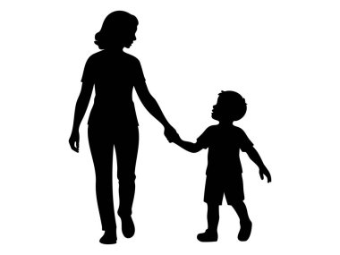 Beyaz arka planda izole bir şekilde bir çocukla yürüyen siyah siluet bir kadın, grafik çizim. Ebeveyn, anne ve oğul kavramı, aile bağı, şefkat, annelik, tasarım unsuru.