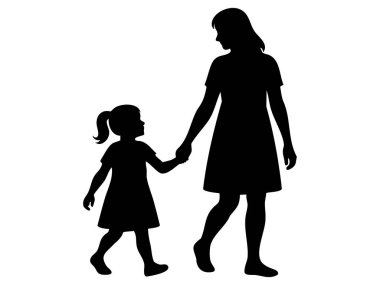 Siyah siluet, çocuk kızla el ele yürüyen, beyaz arka planda izole edilmiş, grafik resimli bir kadın. Aile kavramı, anne ve kız, bağ, ebeveynlik, tasarım unsuru.